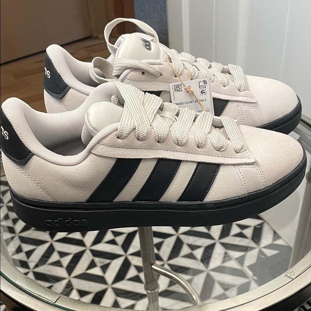 Adidas Men's Cream and Black Striped Sneakers